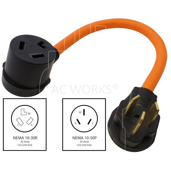 Ac Works 1.5FT 10-50P 50A 3-Prong Plug to 10-30R 3-Prong Dryer Outlet - S10501030-018