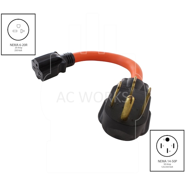 Ac Works 1FT STW 10/3 RV/ Range NEMA 14-50P 50A Plug to 6-20R 15/20A 250V Adapter - S1450620-012