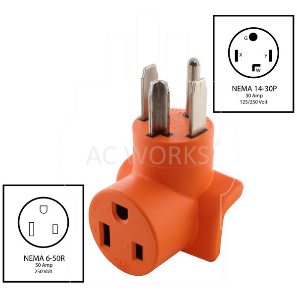 Ac Works 30A 4-Prong 14-30P Dryer Plug to 6-50R 50A 250V Welder Adapter - WD1430650