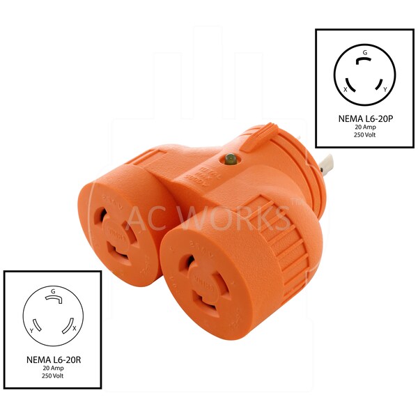 Ac Works Adapter L6-20P 20A 250V 3-Prong Plug to 2 L6-20R 20A 250V Connectors - ADVL620L620