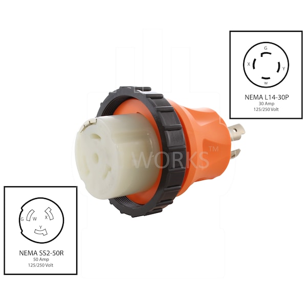 Ac Works Adapter L14-30P 4-Prong 30A Generator Locking Plug to RV/Marine 50A Adapter - ADL1430SS2