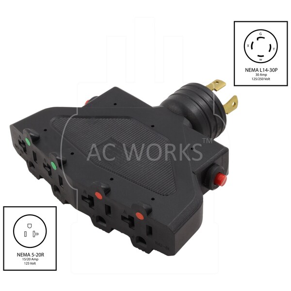 Ac Works PDU Adapter L14-30P 4-Prong 30A Plug - 4 5-15/20 20A T-Blade Connectors - ADL1430F520-FD