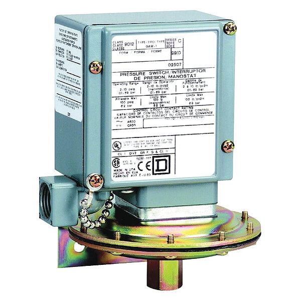 Interruptor de presión Telemecanique Sensors, (1) puerto, 1/4-18 pulgadas FNPT, DPDT, 0.2 a 10 psi, acción estándar - 9012GAW21