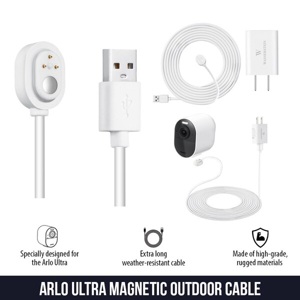 Wasserstein Charging Cable, 16ft, with Charge Adapter, Weatherproof, for Arlo Ultra/Ultra 2/Pro 3/Pro 4, White - ArloUltraOutCaQC16ftWhtUS