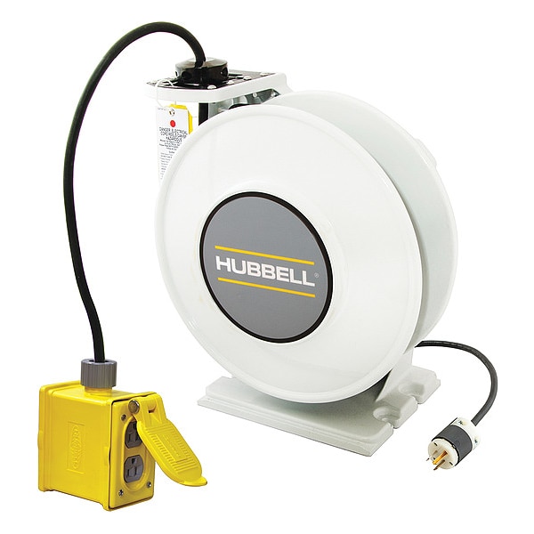Hubbell Wiring Device-Kellems White Industrial Reel with Yellow Portable Outlet Box and (2) 15A Duplex Receptacles, UL Type 1, 45 Ft, #14/3 SJO, 15 A, 125 VAC - HBLI45143R215