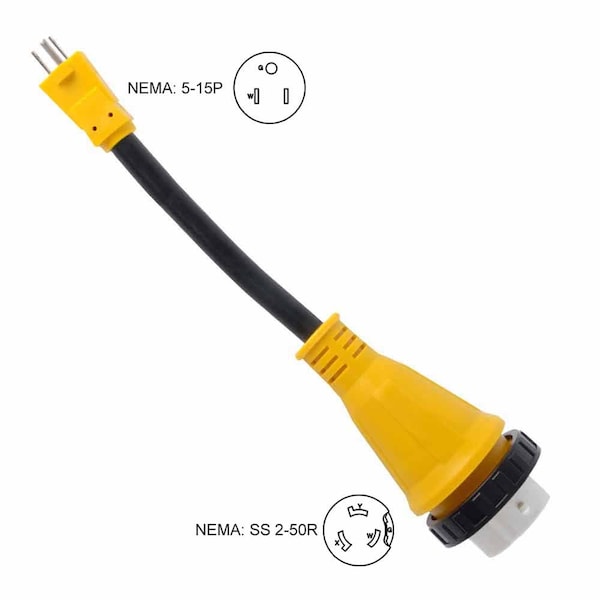 Superior Electric RV Adapters 15 Amp Male NEMA 5-15P to 50 Amp Twist Lock NEMA SS 2-50R, 12 Inch 10AWG/3 Cord - RVA1508L
