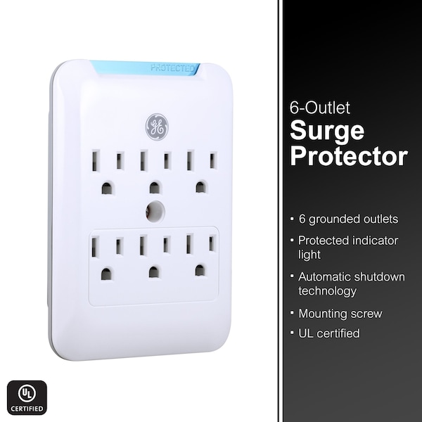 Ge GE Pro 6-Outlet Surge Protector Wall Outlet Adapter, White, 38431 - 38431