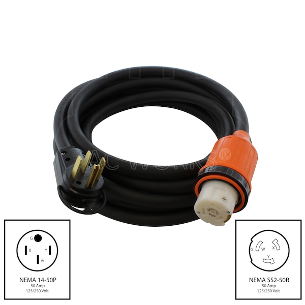 Ac Works 75ft RV 50A NEMA 14-50P to NEMA SS2-50R Detachable Power Supply Cord with Rubber Jacket - S1450M50-RU-075