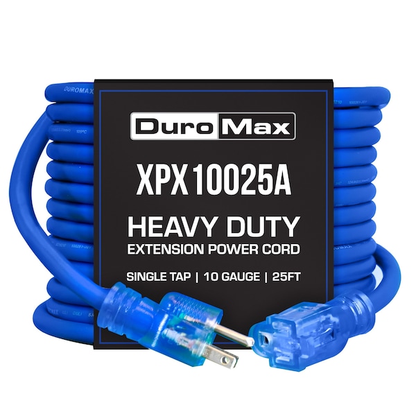 Duromax SJEOOW Extension Cord, 10 AWG, Indoor/Outdoor, 3 Outlets, Blue, PVC, 25 ft - XPX10025A