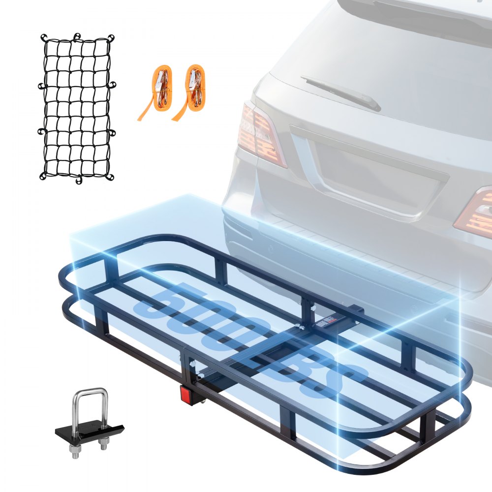 VEVOR Hitch Cargo Carrier, 53 x 19 x 5 in Trailer Hitch Mounted Steel Carrier Basket, 500lb Loading Luggage Carrier Rack with Stabilizer, Cargo Net, Straps, Fits 2" Hitch Receiver for SUV Truck Pickup - CHXLK53195500S0PCV0
