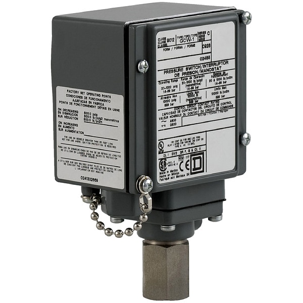 Interruptor de presión Telemecanique Sensors, (1) puerto, 1/4-18 pulgadas FNPT, SPDT, 20 a 1000 psi, Acción estándar - 9012GFW1.