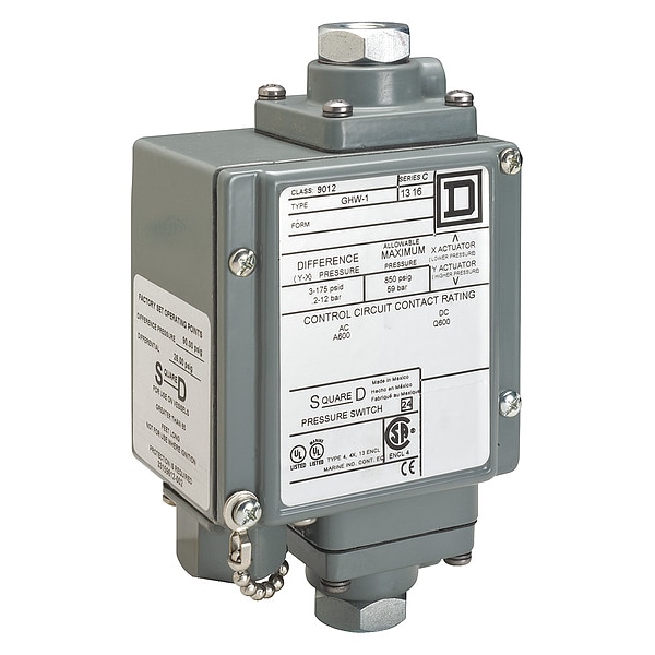 Interruptor de presión Telemecanique Sensors, (1) puerto, 1/4-18 pulgadas FNPT, SPDT, de 0 a 500 psi, acción estándar - 9012GHW1