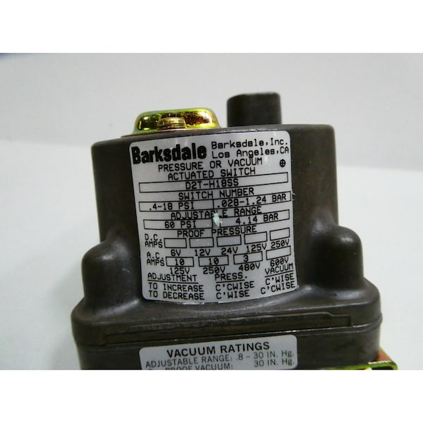 Interruptor de presión Barksdale 1/4IN 0.4-18PSI 125-480V-AC - D2T-H18SS