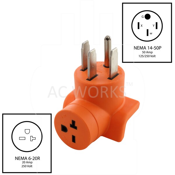 Ac Works NEMA 14-50P 50A 4-Prong Plug to NEMA 6-20R 15/20A 250V T-Blade Connector - AD1450620