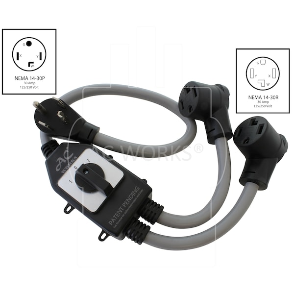 Ac Works 30A 125/250V NEMA 14-30 4-Prong Dryer Plug to Two NEMA 14-30 4-Prong  Dryer Connections With Switch - EVY1430SW-036