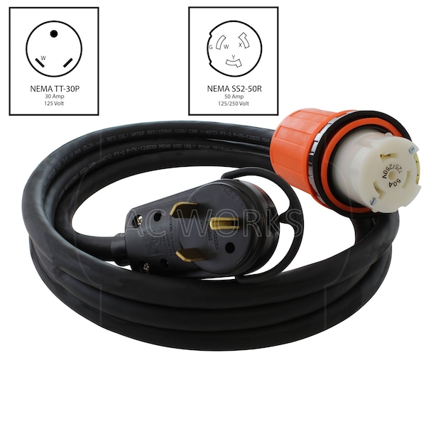 Ac Works 10ft RV 30A TT-30P Plug to SS2-50R RV/Marine 50A Detachable Inlet Connection - TTM50-010