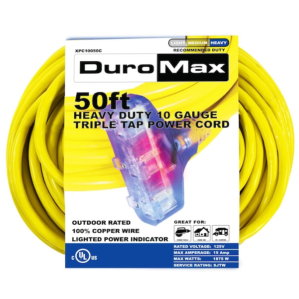 Duromax SJTW Extension Cord, 10 AWG, Outdoor, 3 Outlets, Yellow, 50 ft - XPC10050C