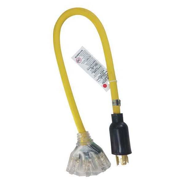 Power First STOW Extension Cord Adapter, 12 AWG, Outdoor, 12/3, 3 Outlets, 5-15R, Yellow, PVC, L5-20P, 2 ft - 4GAA3