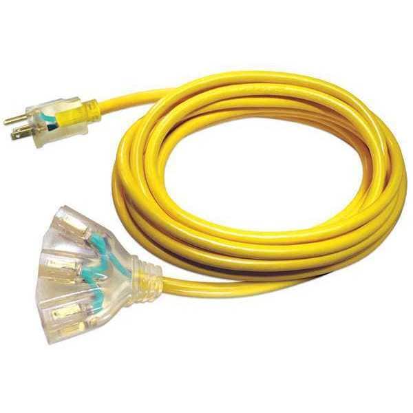 Zoro Select SJTW Extension Cord, 14 AWG, Outdoor, 14/3, 3 Outlets, 5-15R, Yellow, PVC, 5-15P, 50 ft - 20FR83ID