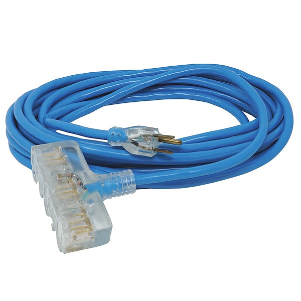 Southwire SJTW Extension Cord, 12 AWG, Outdoor, 12/3, 3 Outlets, 5-15R, Blue, PVC, 5-15P, 50 ft - 41688806