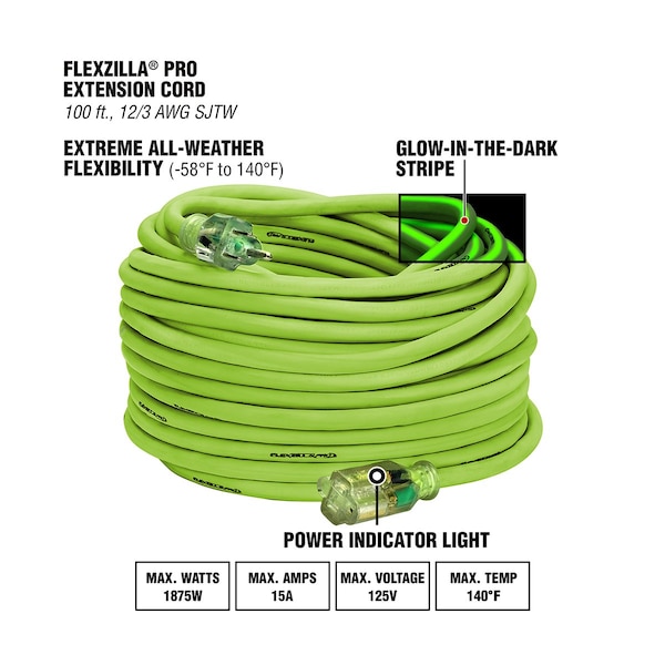 Flexzilla SJTW Extension Cord, 12 AWG, Green, 100 ft - FZ512835
