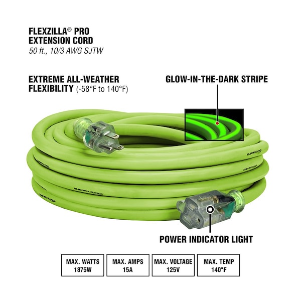 Flexzilla SJTW Extension Cord, 10 AWG, Green, 50 ft - FZ512930