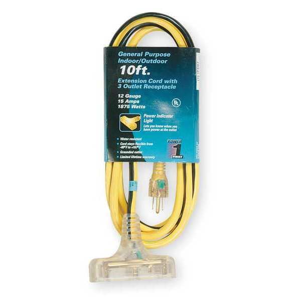 Power First SJTW Extension Cord, 12 AWG, Outdoor, 12/3, 3 Outlets, 5-15R, Yellow with Black Stripe, PVC, 5-15P - 1FD67