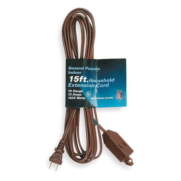 Power First SPT-2 Extension Cord, 16 AWG, Indoor, 16/2, 3 Outlets, 1-15R, Brown, PVC, 1-15P, 15 ft - 1FD71