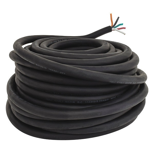 Zoro Select Portable Cord, SOOW, 10 AWG, 5 C, Black, Rubber, Stranded, 600V, Indoor/Outdoor - E3678