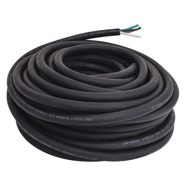 Zoro Select Portable Cord, SJOOW, 10 AWG, 4 C, Black, Rubber, Stranded, 300V, Indoor/Outdoor - E3634