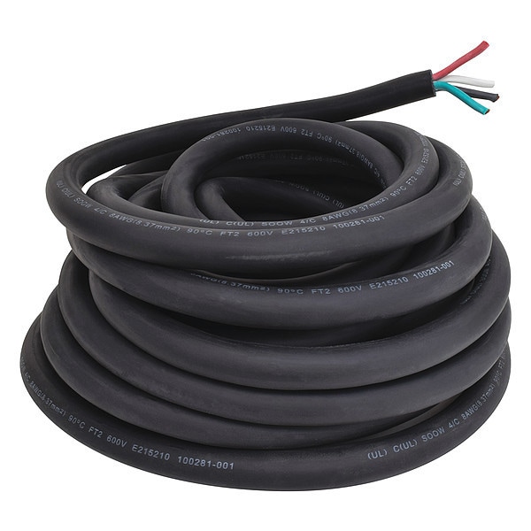 Zoro Select Portable Cord, SOOW, 8 AWG, 4 C, Black, Rubber, Stranded, 600V, Indoor/Outdoor - E3666