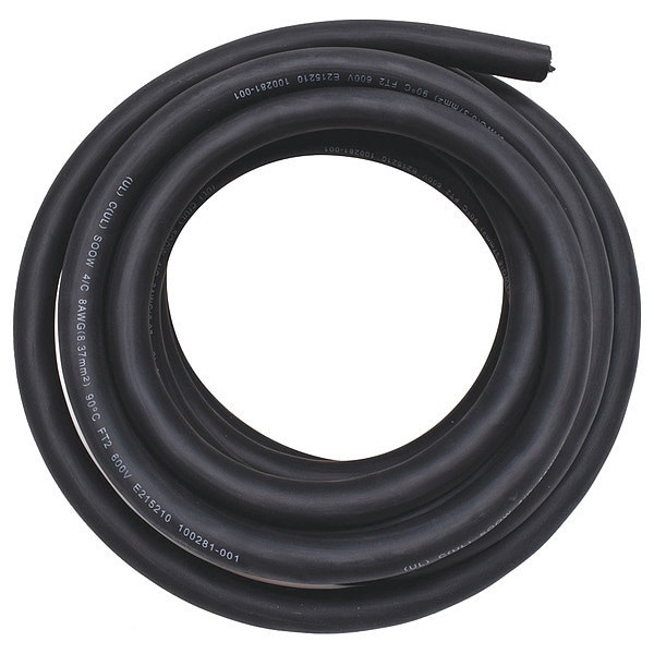 Zoro Select Portable Cord, SOOW, 8 AWG, 4 C, Black, Rubber, Stranded, 600V, Indoor/Outdoor - E3651