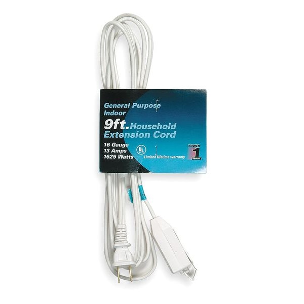 Power First SPT-2 Extension Cord, 16 AWG, Indoor, 16/2, 3 Outlets, 1-15R, White, PVC, 1-15P, 9 ft - 1FD69