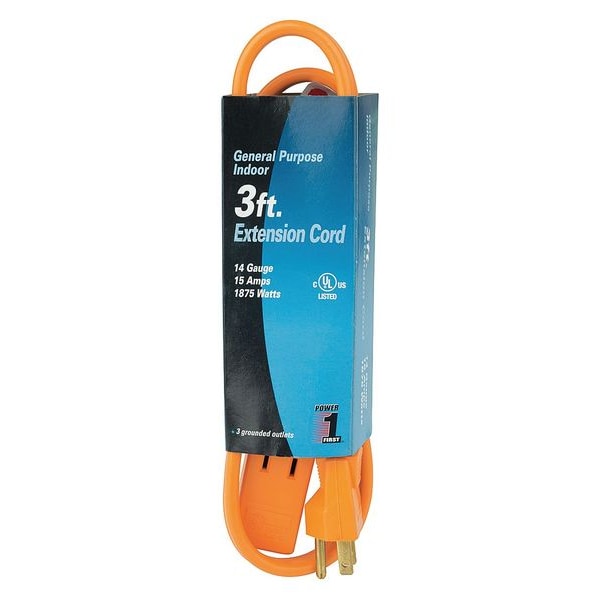 Power First SPT-3 Extension Cord, 14 AWG, Indoor, 14/3, 3 Outlets, 5-15R, Orange, PVC, 5-15P, 3 ft - 1FD74