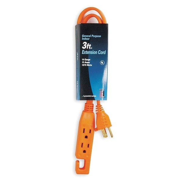 Power First SPT-3 Extension Cord, 14 AWG, Indoor, 14/3, 3 Outlets, 5-15R, Orange, PVC, 5-15P, 3 ft - 1FD74