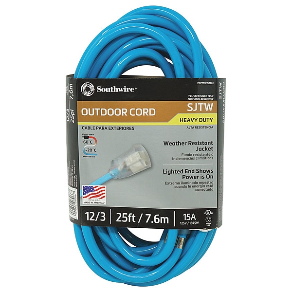 Southwire SJTW Extension Cord, 12 AWG, Outdoor, 12/3, 1 Outlets, 5-15R, Blue, PVC, 5-15P, 25 ft - 2577SW000H