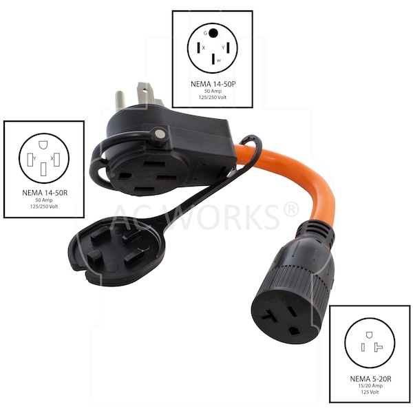 Ac Works 1FT 50 Amp 14-50 Piggy-Back Plug to Household 15/20 Amp Connector Adapter Cord - PB1450520