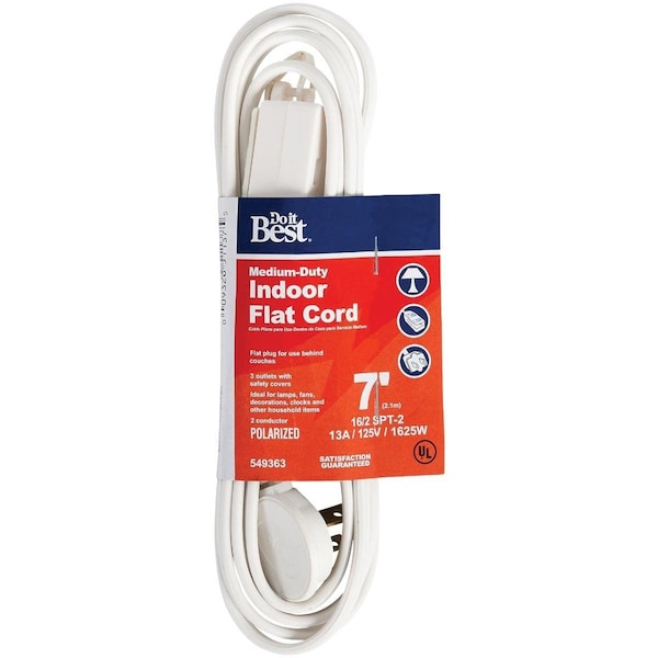 All-Source Extension Cord, 16 AWG, Indoor, 16/2, 7 ft - INF-PT2162-7-WH