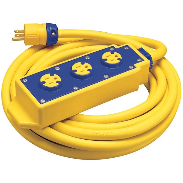 Ericson SOW Extension Cord, 12 AWG, 12/3, 3 Outlets, 5-15R, Yellow, 5-15P, 25 ft - 7000-25-2
