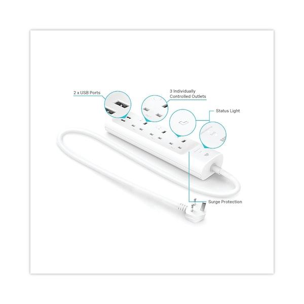 Tp-Link Kasa Smart WiFi 3-Outlet Power Strip, 3 AC Outlets/2 USB Ports, White - KP303