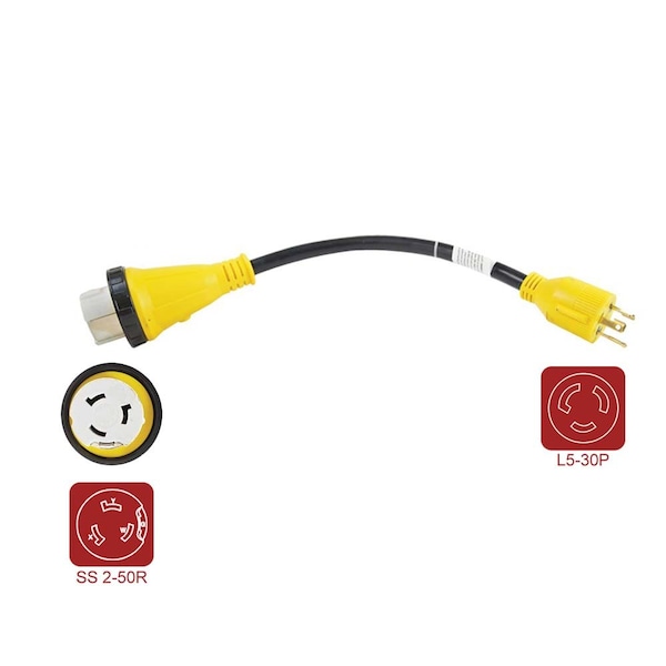 Superior Electric RV Pigtail Adapters 30 Amp Male NEMA L5-30P to 50 Amp Female NEMA SS2-50R, 18-Inch 10AWG/4 Cord - RVA1586