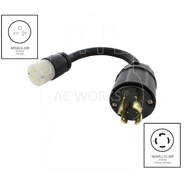 Ac Works 1FT L15-30P 3-Phase 30A 250V 4-Prong Plug to 6-15/20R 250V 15/20A T-Blade - L1530620-012