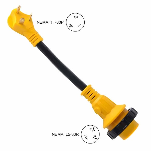 Superior Electric RV Adapters 30 Amp Male NEMA TT-30P to 30 Amp Twist Lock NEMA L5-30R, 12 Inch 10AWG/3 Cord - RVA1505L