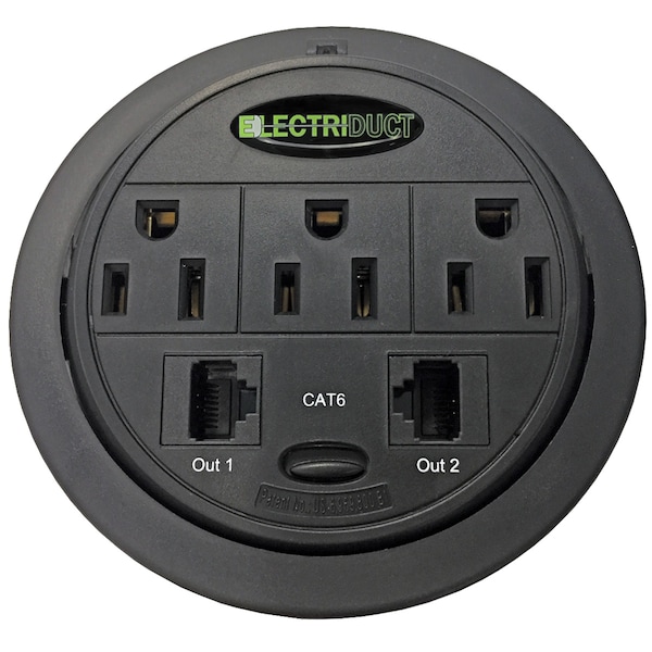Electriduct PowerTap Grommet Pop-up Power Data Center(3 Power, 2 CAT6)- Black - PDC-SW-GMPT-1-CAT6-2PK