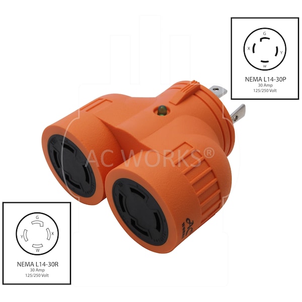 Ac Works L14-30P 30A 125/250V 4-Prong Plug to 2 30A L14-30R Generator Adapter - ADVL1430L1430