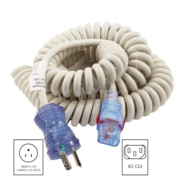 Ac Works up to 10FT 18/3 10A Medical Grade Coiled Cord to Locking IEC C13 - MD195-AL