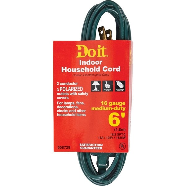 All-Source Extension Cord, 16 AWG, Indoor, 16/2, 6 ft - IN-PT2162-06X-GR