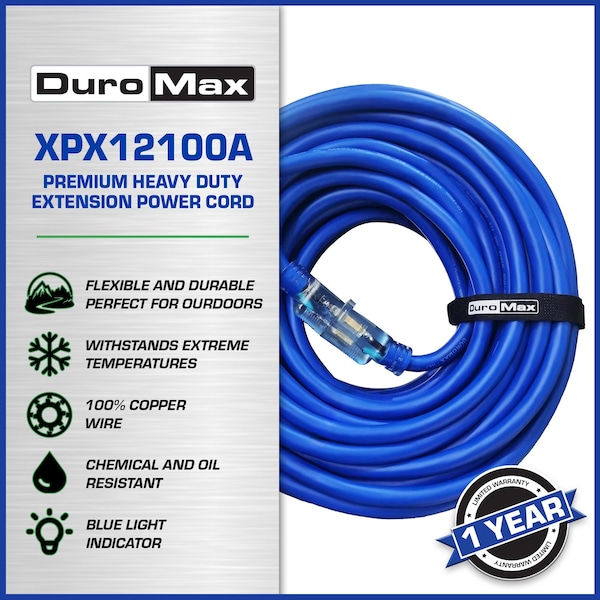 Duromax SJEOOW Extension Cord, 12 AWG, Indoor/Outdoor, 3 Outlets, Blue, PVC, 100 ft - XPX12100A