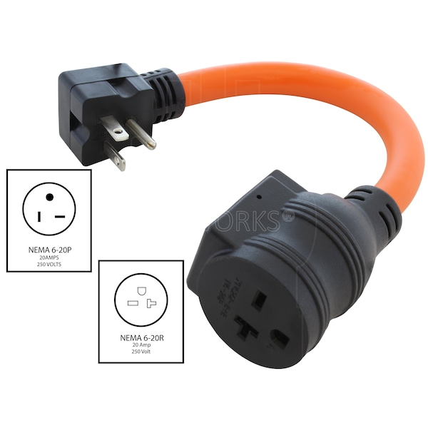 Ac Works 1FT Protective Extender NEMA 6-20P Plug to 6-15/20 Outlet with 20A Breaker - E620CB620
