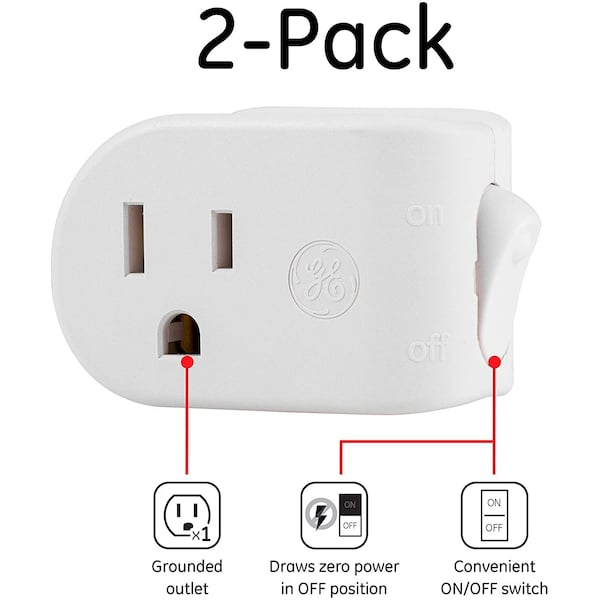 Ge GE Grounded Power Switch, Adds On/Off Switch to Any Outlet, White, 25511 PK 2 - 39713